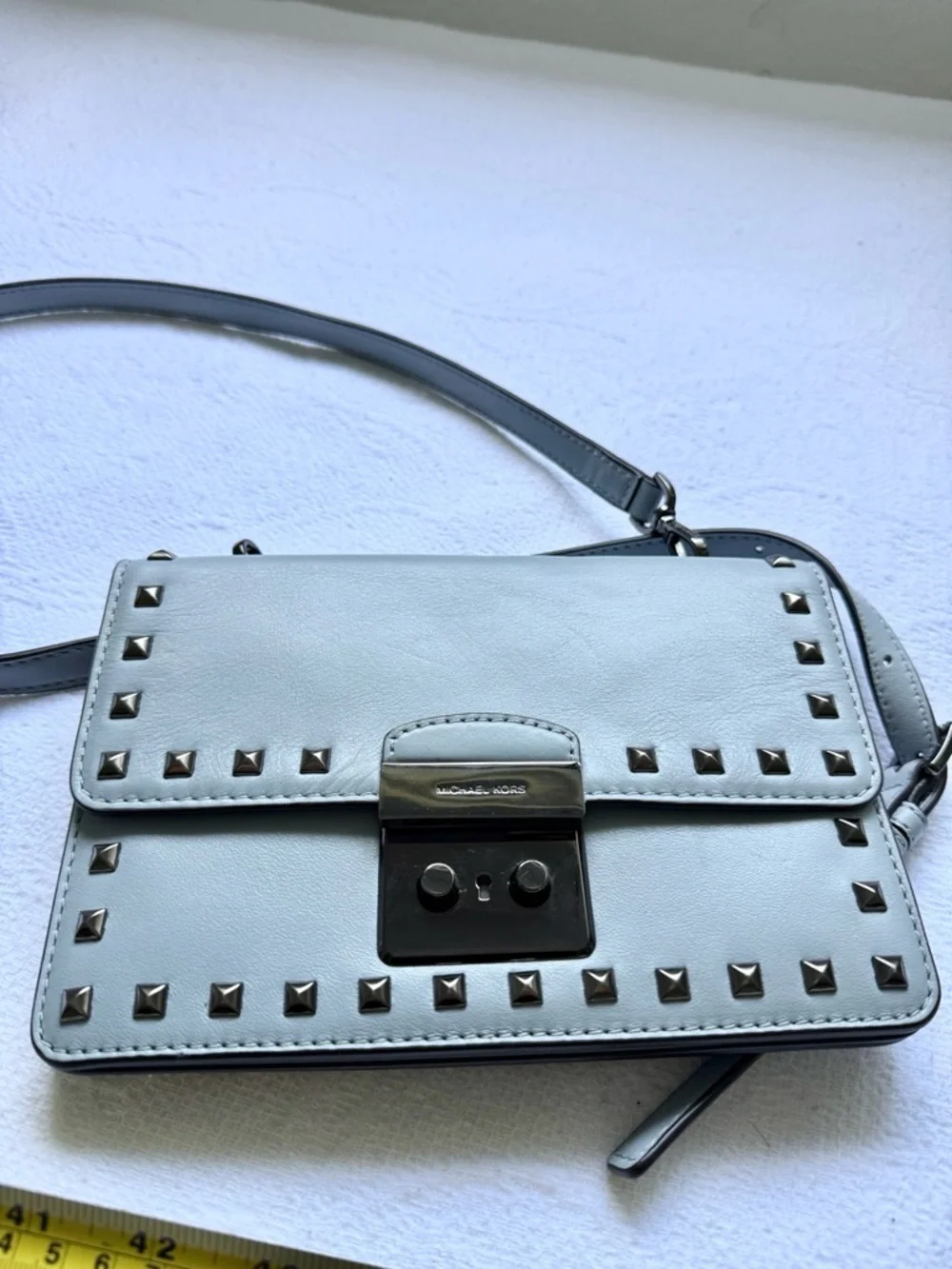 Michael Kors SLOAN Small Studded Leather Crossbody Bag Dusty Blue Gunmetal NWOT